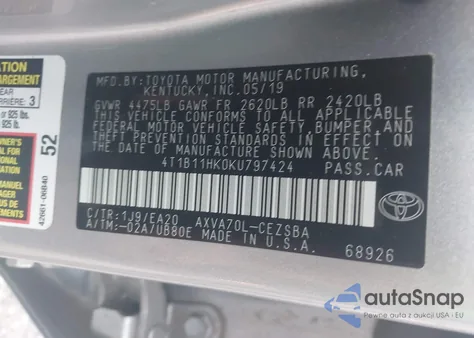 2019 Toyota Camry Se from USA, damaged, VIN 4T1B11HK0KU797424